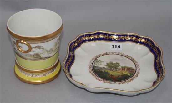 A Derby polychrome named view dish and a Derby cache pot